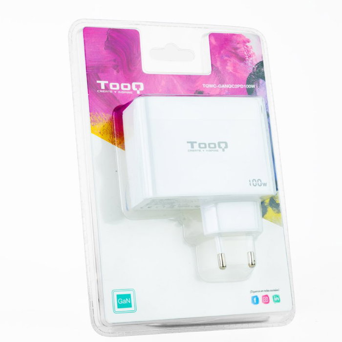 Tooq Cargador de Pared 100W con 2 Puertos USB-C PD y 1 Puerto USB-A QC